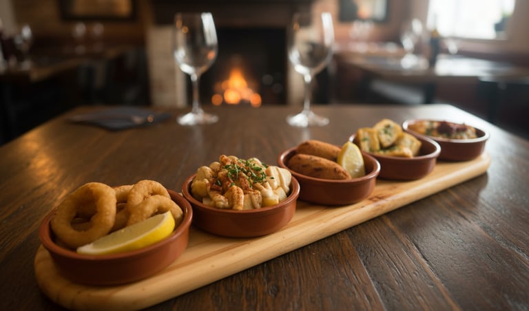 Uma bandeja de madeira com três tigelas de comida sobre uma mesa.