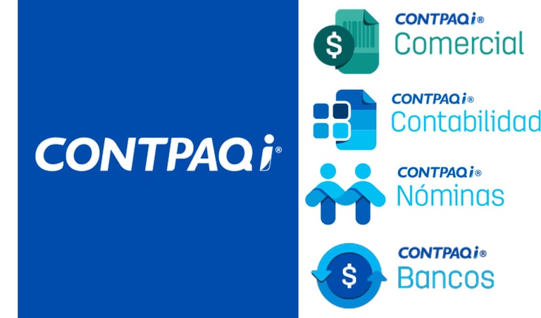 CONTPAQi software logos for accounting, payroll, banking, and commercial management systems.