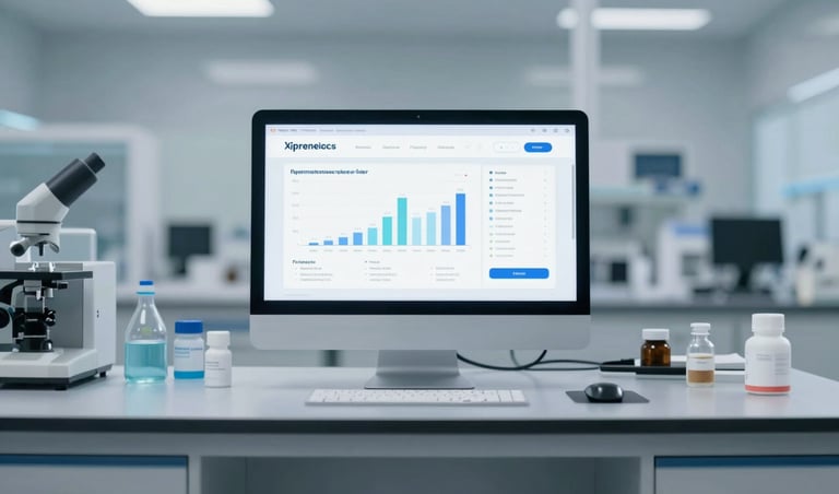 A modern, high-tech pharmaceutical or laboratory setting with glass surfaces and digital screens displaying regulatory compliance charts. The color palette features sophisticated shades of grey and soft blues, suggesting unwavering trustworthiness and expertise in regulatory matters.