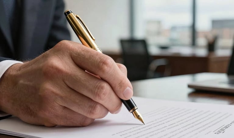 A close-up photography shot of a professional hand holding a classic gold fountain pen, poised to sign a document on a polished mahogany desk. The background is a soft-focus view of a modern London office with cloud white walls, conveying a sense of finality and success in a Northern European / British financial setting.