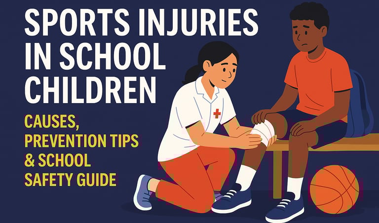 Sports injuries in school children – illustration of a student receiving first aid with title ‘Cause