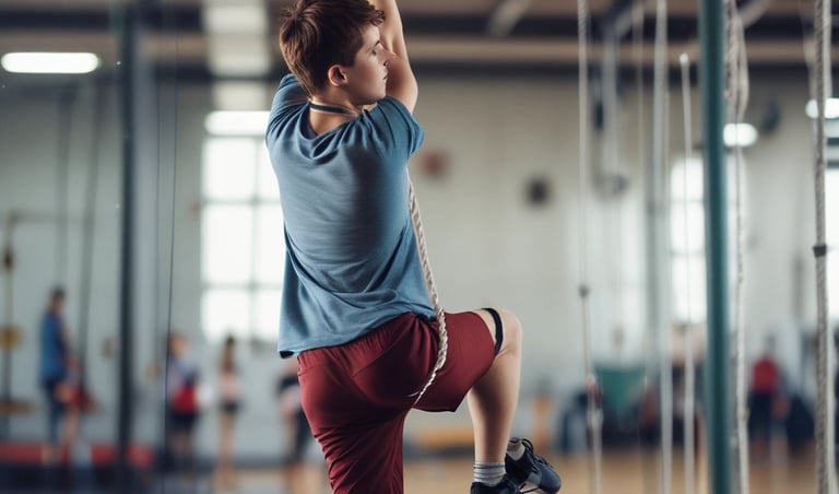 A group of smiling kids high-fiving in a bright gym space filled with colorful equipment.