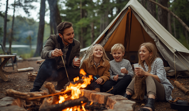 Family enjoying themselves campfire campsite, because they used mosquito repellent