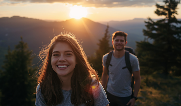 Male and female hikers in the mountain, protected from poison ivy rash