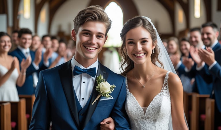 A young couple getting married in a church.
