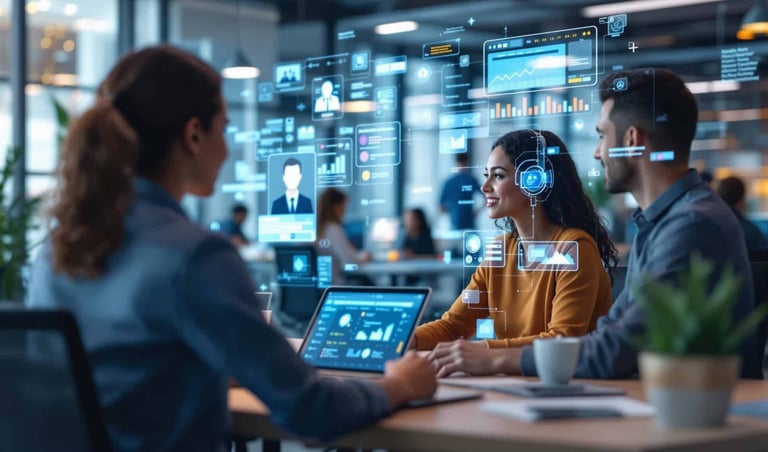 imagem de uma executiva de finanças usando a inteligência artificial como ferramenta de trabalho .
