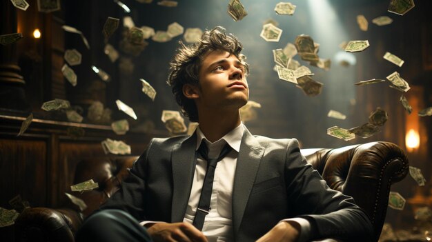 imagem de um jovem sentado numa cadeira, refletindo sobre mentalidade financeira e com dinheiro. 