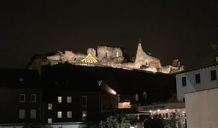 Castle on the hill in Valkenburg at night