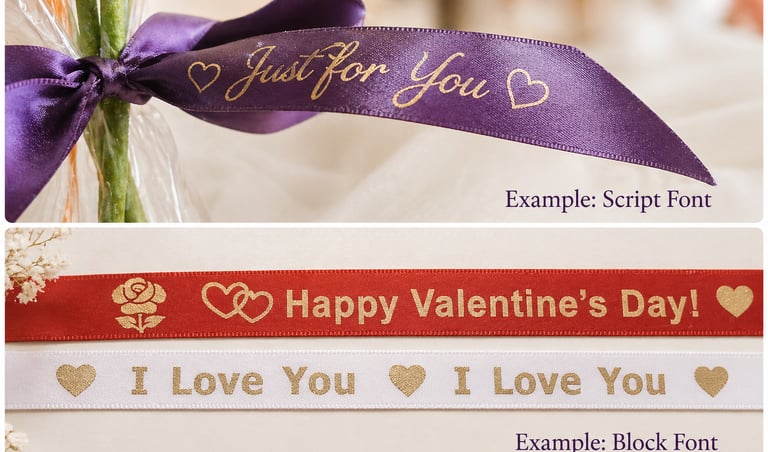 Personalised ribbons with gold script and block font text for Valentine's Day and special occasions.