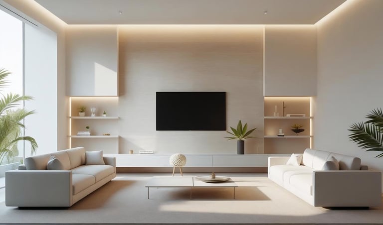 a living room with a large tv and a large window