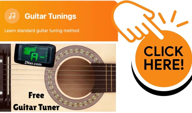 Digital clip-on tuner on an acoustic guitar for learning standard guitar tunings and free tuning methods.