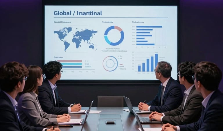 A group of marketing experts in professional attire discussing data on a large screen in a dark, high-tech boardroom with purple accent lighting, Global / International.
