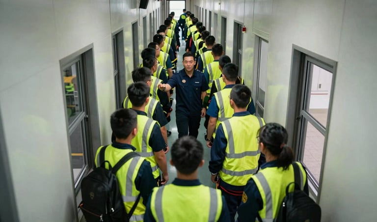 Overhead view of trainees practicing fire evacuation drill in a corridor, safety vests visible, instructor at the front directing the group, bright fluorescent lighting, documentary-style wide framing