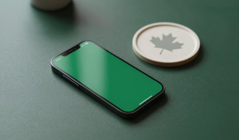 A minimalist, high-angle shot of a sleek desk featuring a modern smartphone and a simple Canadian maple leaf emblem on a ceramic coaster. Professional lighting, sophisticated clarity, incorporating #00381f and #FCFBF5 palette.