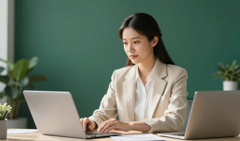 A focused young professional working in a minimalist office with soft morning light. The scene is clean and modern, utilizing a deep green and warm cream color palette to evoke financial empowerment.