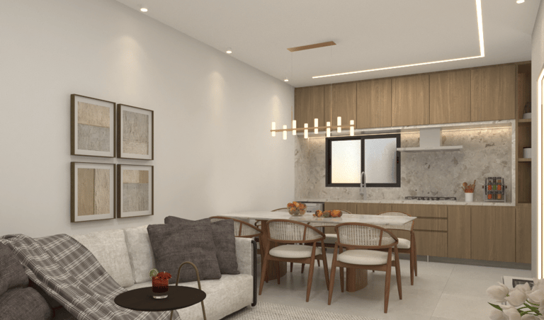 a living room with a couch and a table