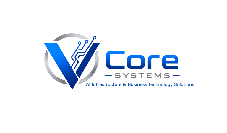 V Core Systems logo for AI infrastructure and business technology solutions featuring a blue circuit design.