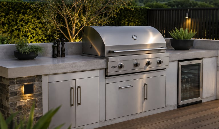 Modern outdoor kitchen with a stainless steel gas grill, concrete countertops, and built-in fridge.