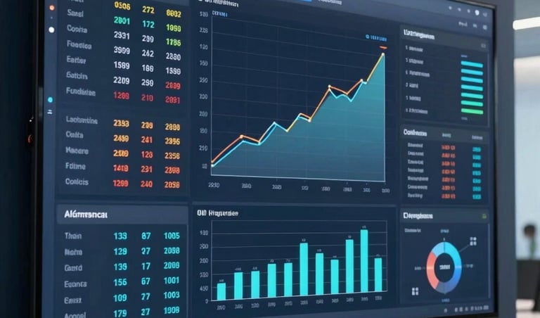 High-quality photography of a large digital dashboard showing growth metrics and business charts on a screen, set in a modern dark blue office environment in Argentina, professional and sharp lighting.