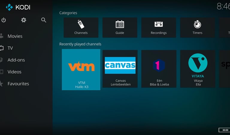 Kodi media center interface displaying TV categories and recently played channels like VTM and Canvas.