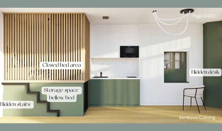 A small apartment design that includes a bed, kitchen, and stairs, emphasizing functionality in limi