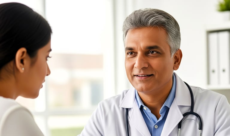 A doctor in a white lab coat with stethoscope around his neck is talking to a women.