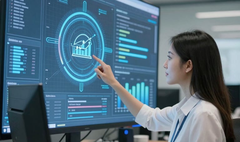 Close-up of hands typing on a laptop with market analysis graphs on screen.