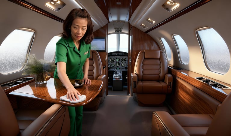 An image of a woman wiping a wood table top inside a corporate jet.