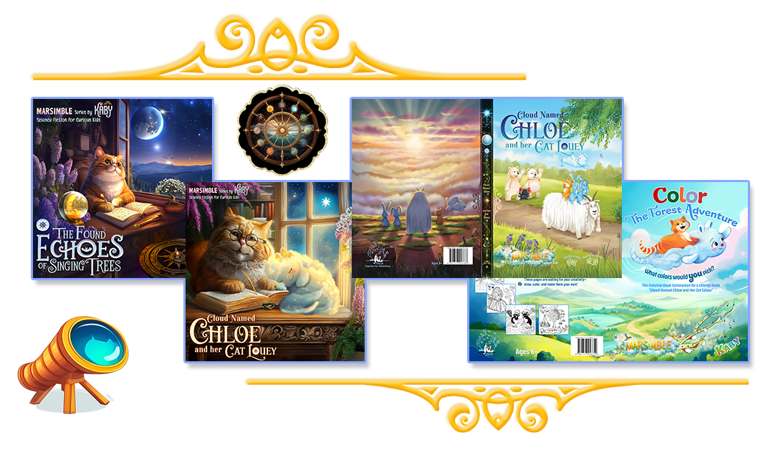 Children’s book covers from Marsimble series featuring Louey the cat, Chloe, and colorful scenes.