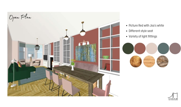 3D visual of the open plan living dining area with colour scheme and textures