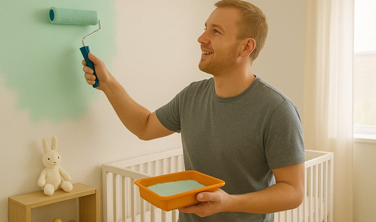 homme qui peint une chambre de bébé avec un rouleau et de la peinture dans les mains