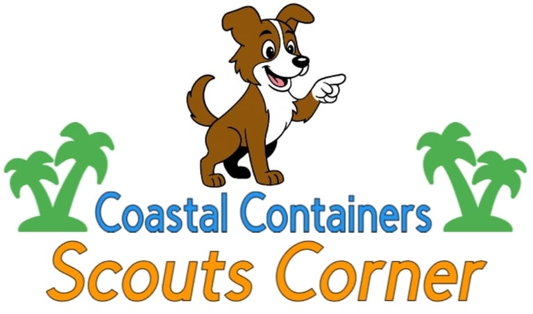 Logo for Scout's Corner from Coastal Containers, featuring the mascot Scout pointing