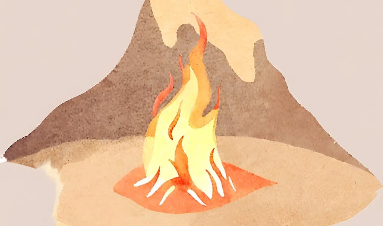 Watercolour image of a fire illuminating both shadows and light