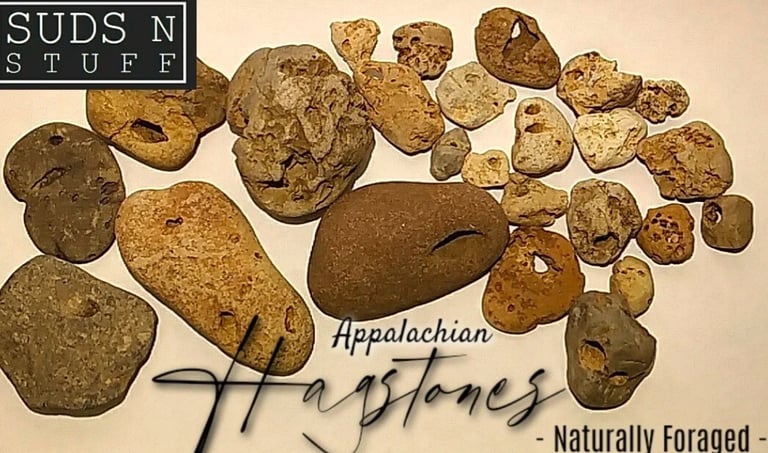 a bunch of hag stones with the words,'appalachian hag stone'