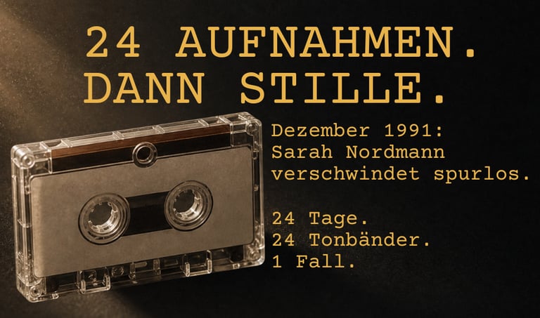 Vintage cassette tape next to German text about a 1991 missing person mystery case.