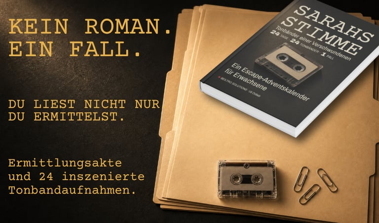 German crime thriller escape room advent calendar book titled Sarahs Stimme with cassette tape and case files.