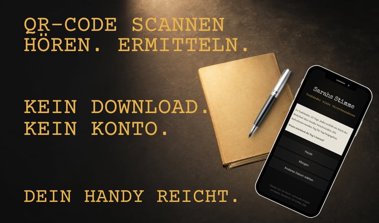 A smartphone with a crime story app next to a notebook and pen on a dark desk.