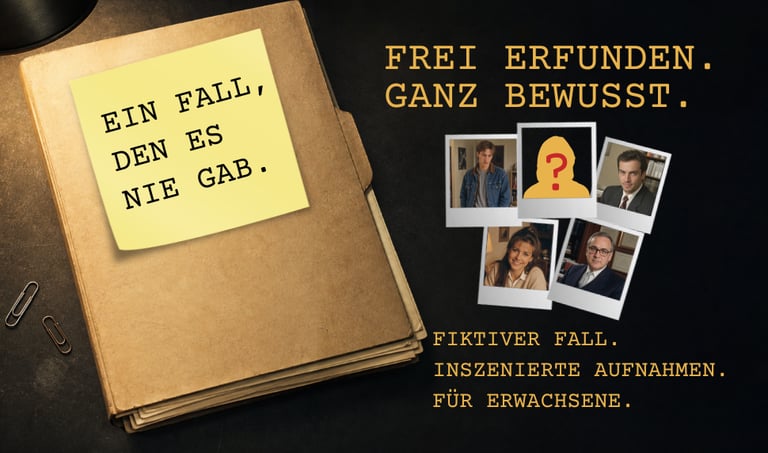 True crime case file folder with polaroid photos and sticky note reading Ein Fall den es nie gab.