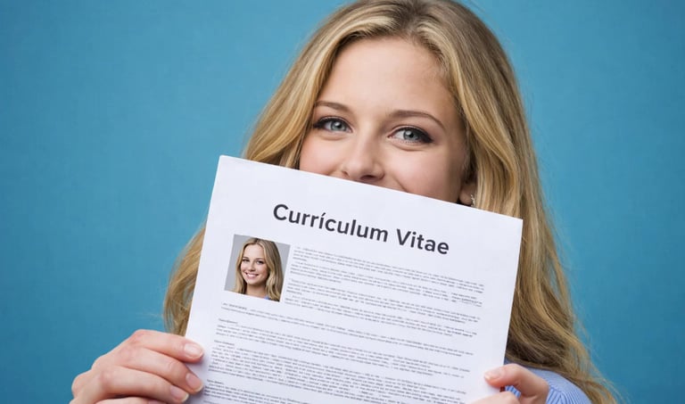 A blonde woman holding her professional curriculum vitae for a job application or career recruitment.