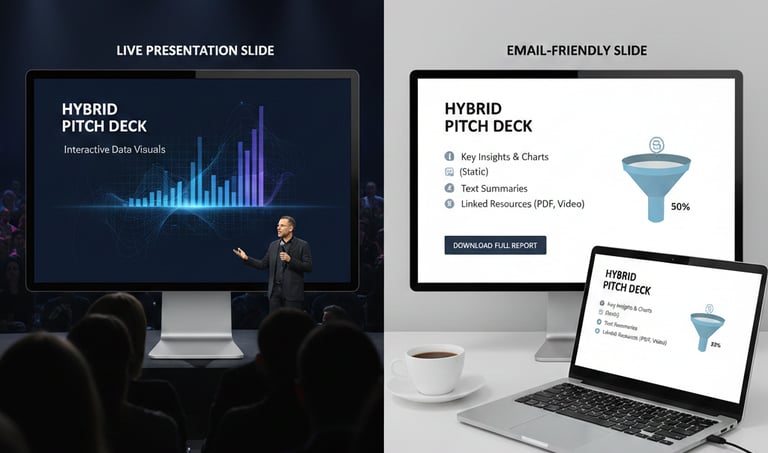 Comparison of live presentation slide and email-friendly slide showing hybrid pitch deck design.