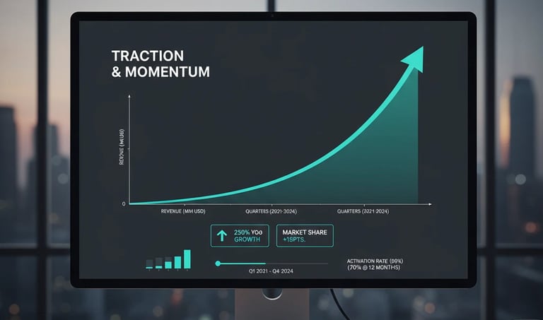 Traction slide mockup with an upward growth curve in a minimalist investor-friendly style.