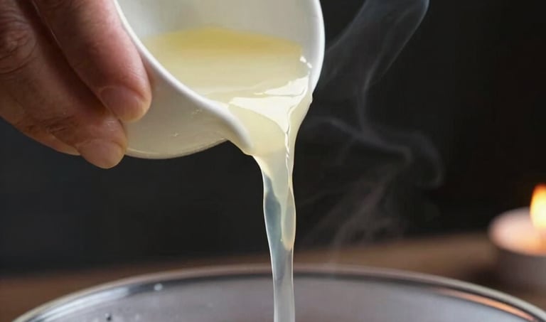 Extreme close-up of aged hands pouring molten wax from a ladle into a bowl of cold water, candlelight from below catching the wax stream mid-pour, dark background, smoke curling at the edge, no faces visible