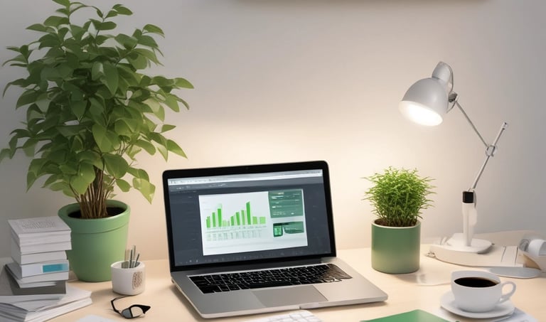 A friendly bookkeeper working on a laptop with financial documents spread out nearby.