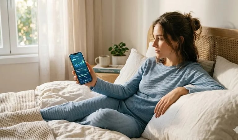 A woman in blue pajamas sitting in bed and checking her sleep tracking mobile app on a smartphone.