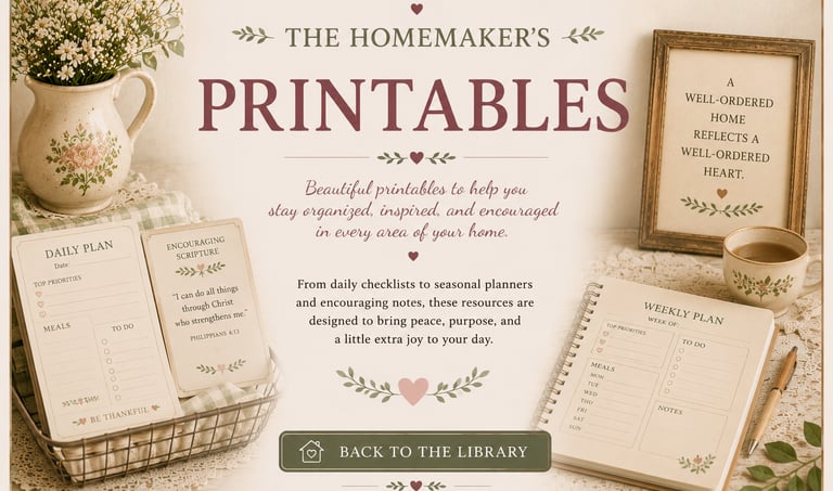 Vintage-style homemaker printables featuring daily planners, scripture cards, and weekly checklists on a cottagecore desk.