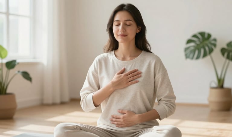 Woman practicing body scan meditation with hands on heart and belly