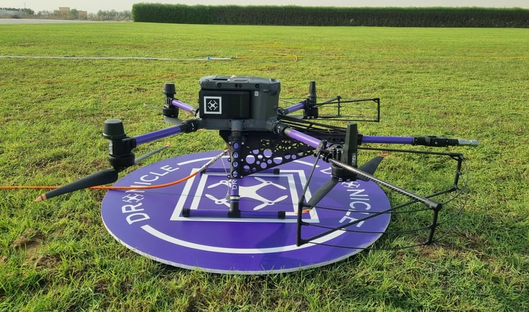 DRONICLE Drone on the landing pad next to grass during training