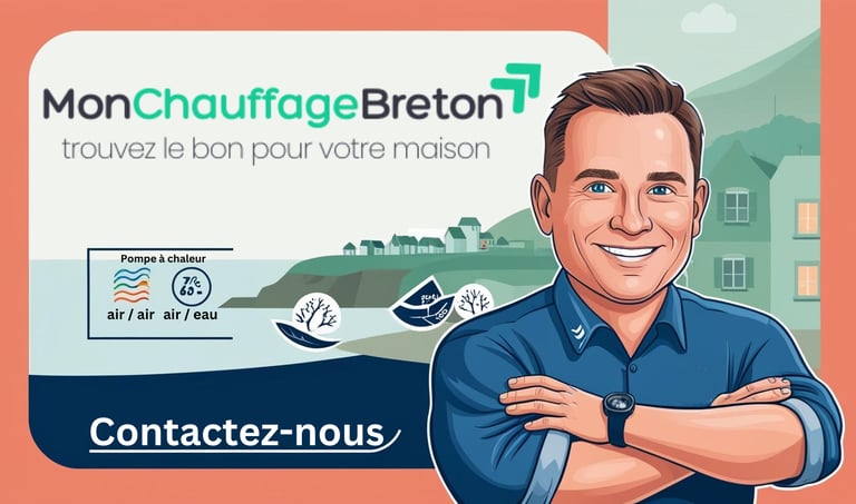 Un expert chauffagiste en Bretagne devant la mer et un village breton, qui parle pompes à chaleur