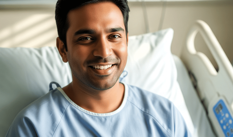 A man in a hospital bed wearing a blue gown.
