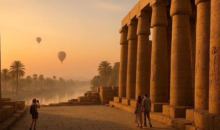 Sunrise view of Karnak Temple and hot air balloons over Luxor, Egypt — perfect visual for a budget travel guide to Luxor’s te